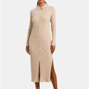 Theory Beige Ribbed Modal Cotton Long Sleeve Button Down Maxi Dress M‎ GUC
